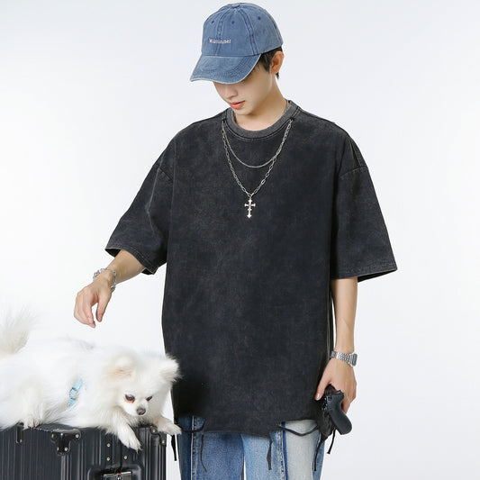 Retro Style Shirt For Men Summer Wash Necklace T-Shirt Short Sleeve
