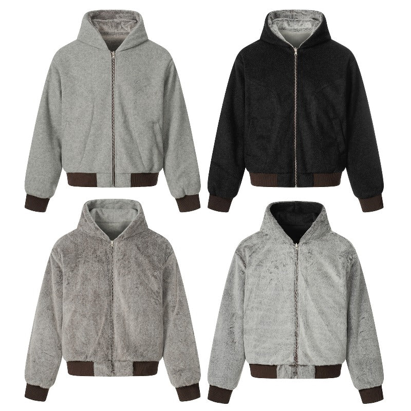 Unisex Down Jacket Winter Double Sided Fleece Hooded Jacket Men