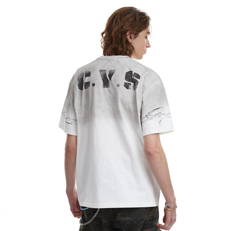 US drip outfits summer retro gradual change pattern casual loose short sleeve T-Shirts