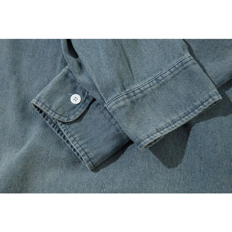 Marcas De Streetwear Washed Old POLO Shirt Loose Denim Long Sleeve T-Shirt