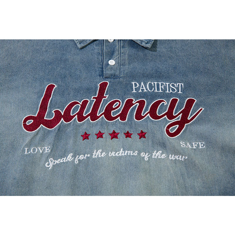 New York Hip Hop Style Washed Denim POLO Neck Long Sleeve T-Shirt Loose oversize