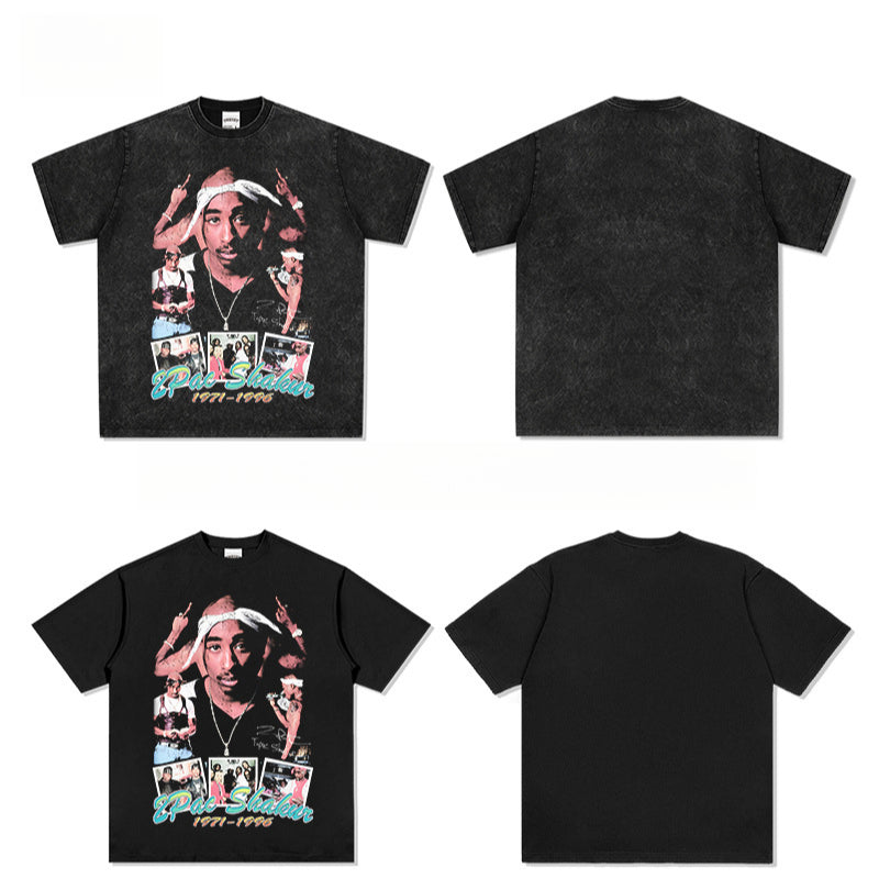 Marcas streetwear usa vintage hip hop tupac print short sleeve t-shirt